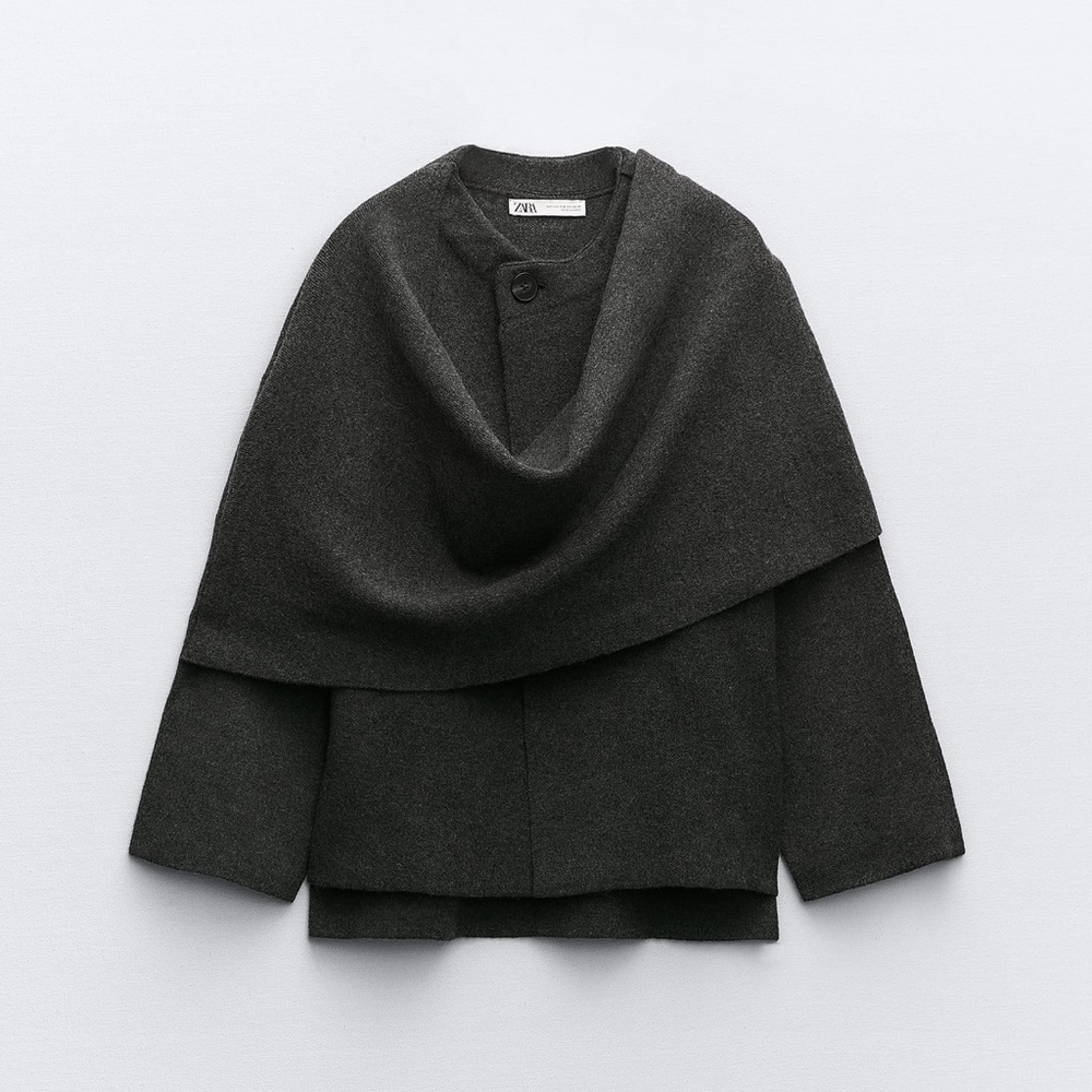 knit coat with asymmetrical scarf